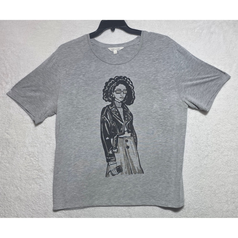 Love + Luxe Y2K Grey Graphic Tee Rhinestone Embellished Fashion Woman XL